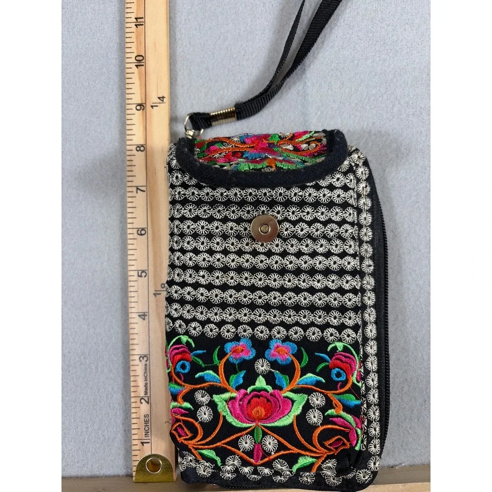 Boho Floral Embroidered Wristlet‎ Wallet Phone Case Black Canvas Folk Art Style